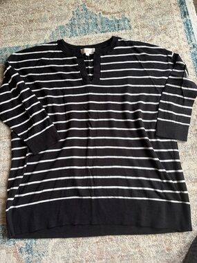 LOFT Black and White Striped split Neck Sweater